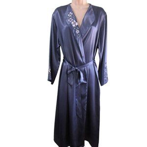 Halston Slate Blue Embroidered Applique Floral Satin Robe Ladies PL EUC
